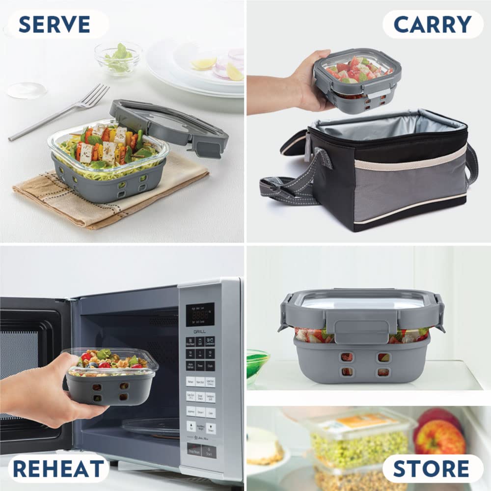Borosil Klip N Store Plus 520 ml Square Glass Food Storage Container with Air Tight Glass Lid | Borosilicate Glass Container for Lunchbox | Microwave & Dishwasher Safe | Transparent