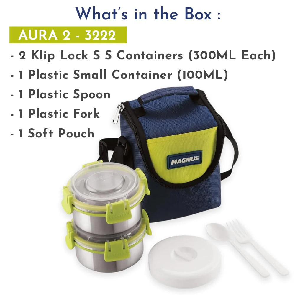 Aura 2-Piece Stainless Steel Lunch Box Set with Tiffin Bags, Utensils & Pouch | Airtight, Leakproof Containers | Lunch Box for Kids, Office Men, Women, School | BPA-Free