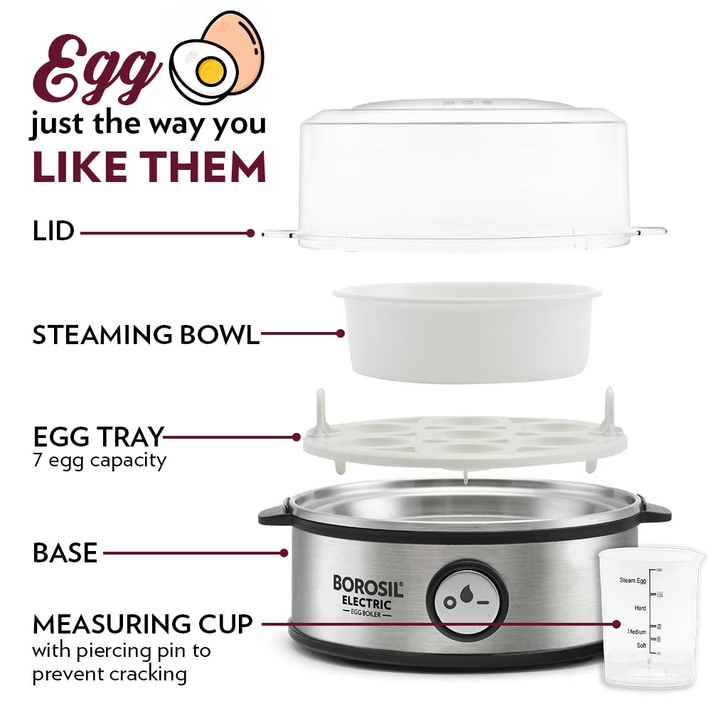 Electric Egg Boiler, 7 Egg Capacity, For Hard, Soft, Medium Boiled Eggs, Steamed Vegetables, Transparent Lid, Stainless Steel Exterior