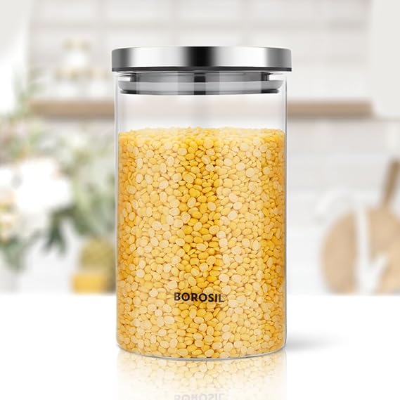 Borosil Classic Glass Jar, Air-Tight Storage Container For Kitchen, Glass Jar For Storing Spices, Grains, Dals, 900 ml, Clear
