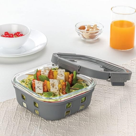 Borosil Klip N Store Plus 800 ml Square Glass Food Storage Container with Air Tight Glass Lid | Borosilicate Glass Container for Lunchbox | Microwave & Dishwasher Safe | Transparent