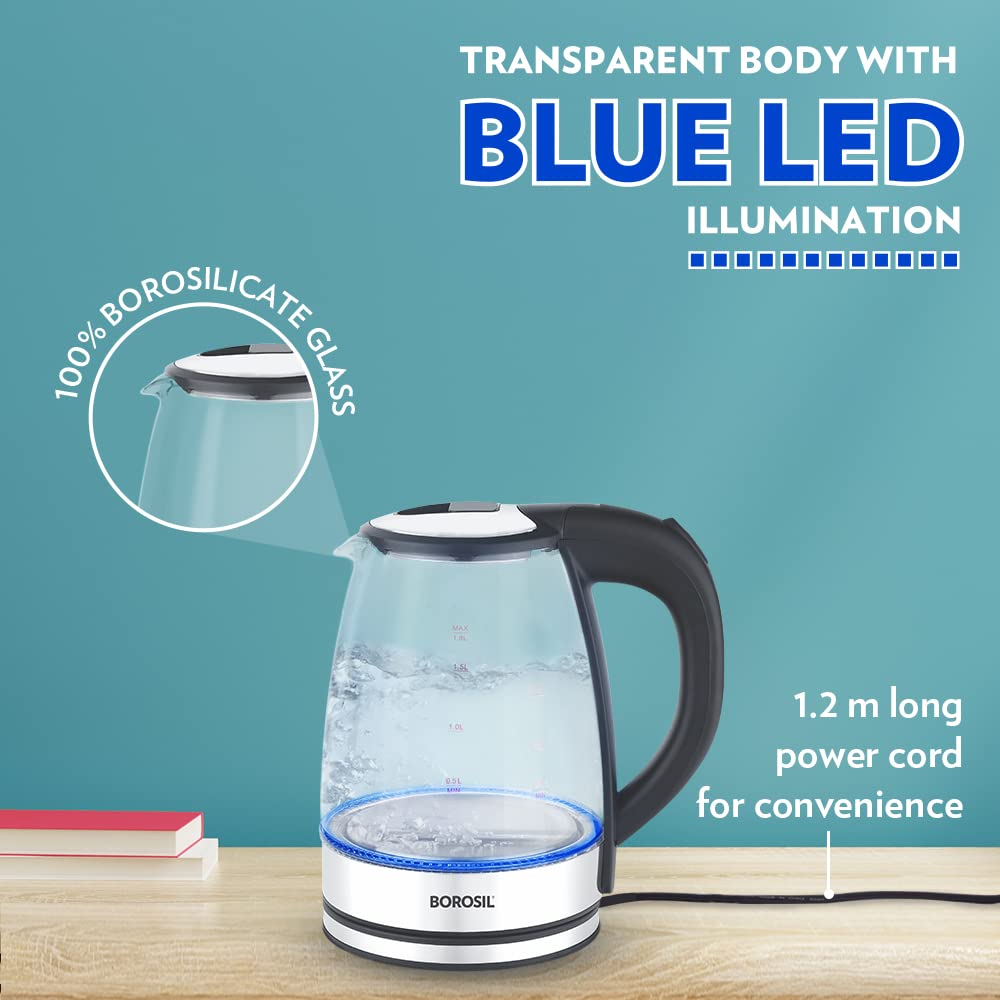 Electric Glass Kettle, Borosilicate Glass, Extra Long Cord, Dry-boil Protection, 360° Rotating Base, 1.8 L, Transparent