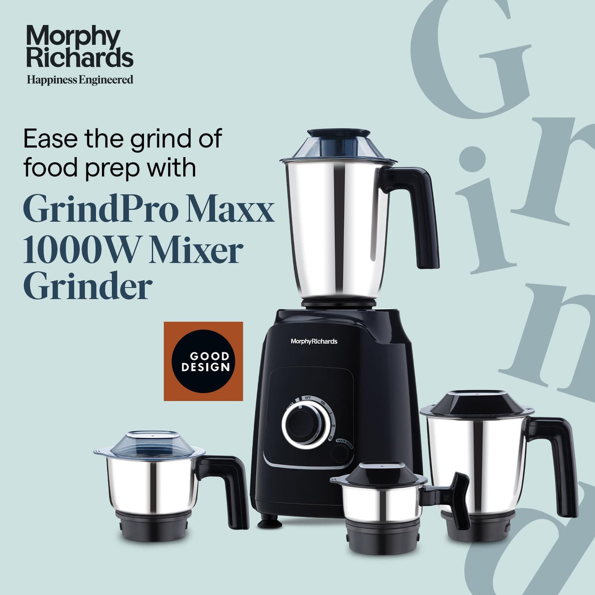 GrindPro Maxx 1000W Mixer Grinder with 4 Jars & TasteMaxx Mode – Copper Motor, Mini Spice Jar