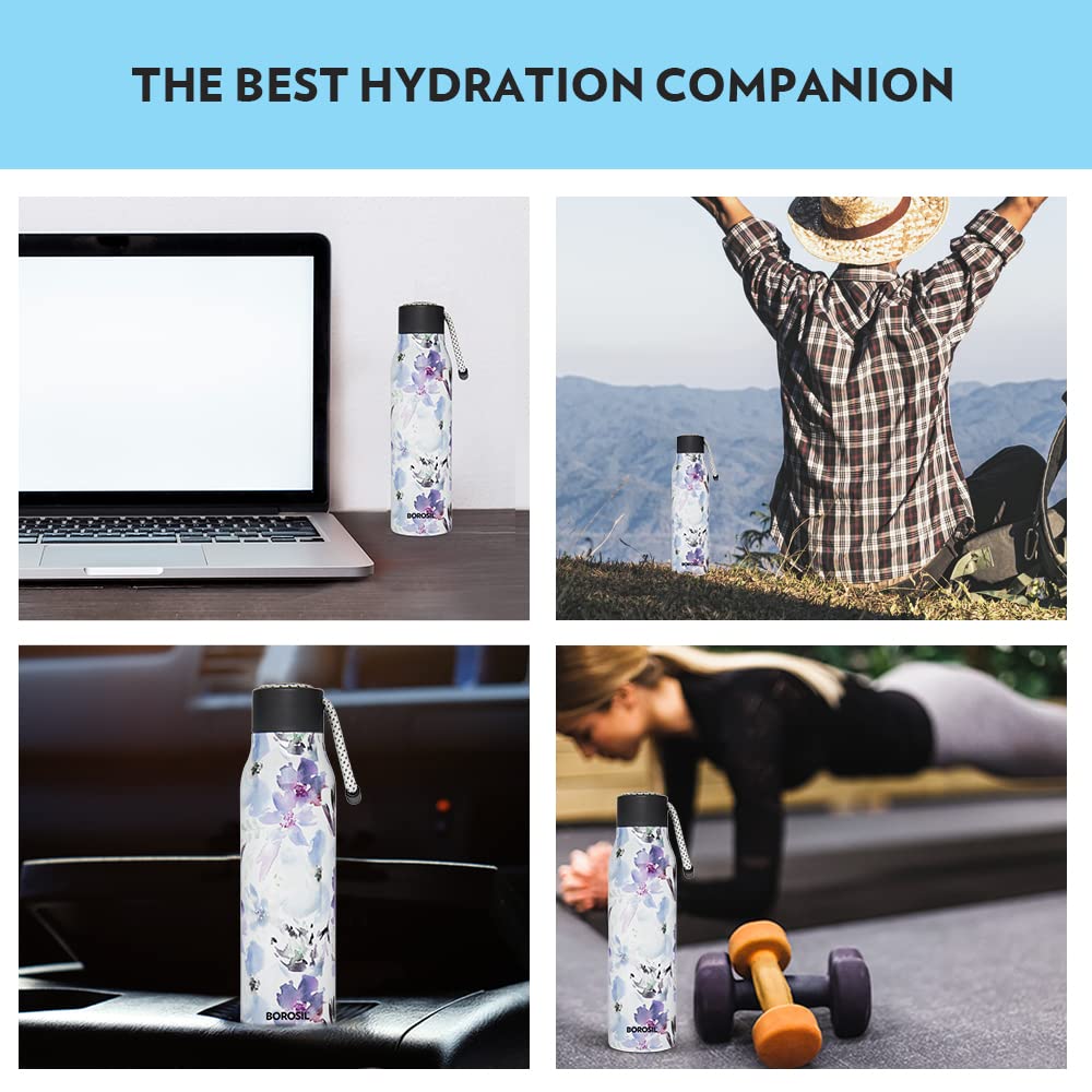 Aquasoul Flora 600ML Hot & Cold Stainless Steel Bottle | Double Wall Vacuum Insulated, 12 Hrs Temp Retention | BO600LRO2