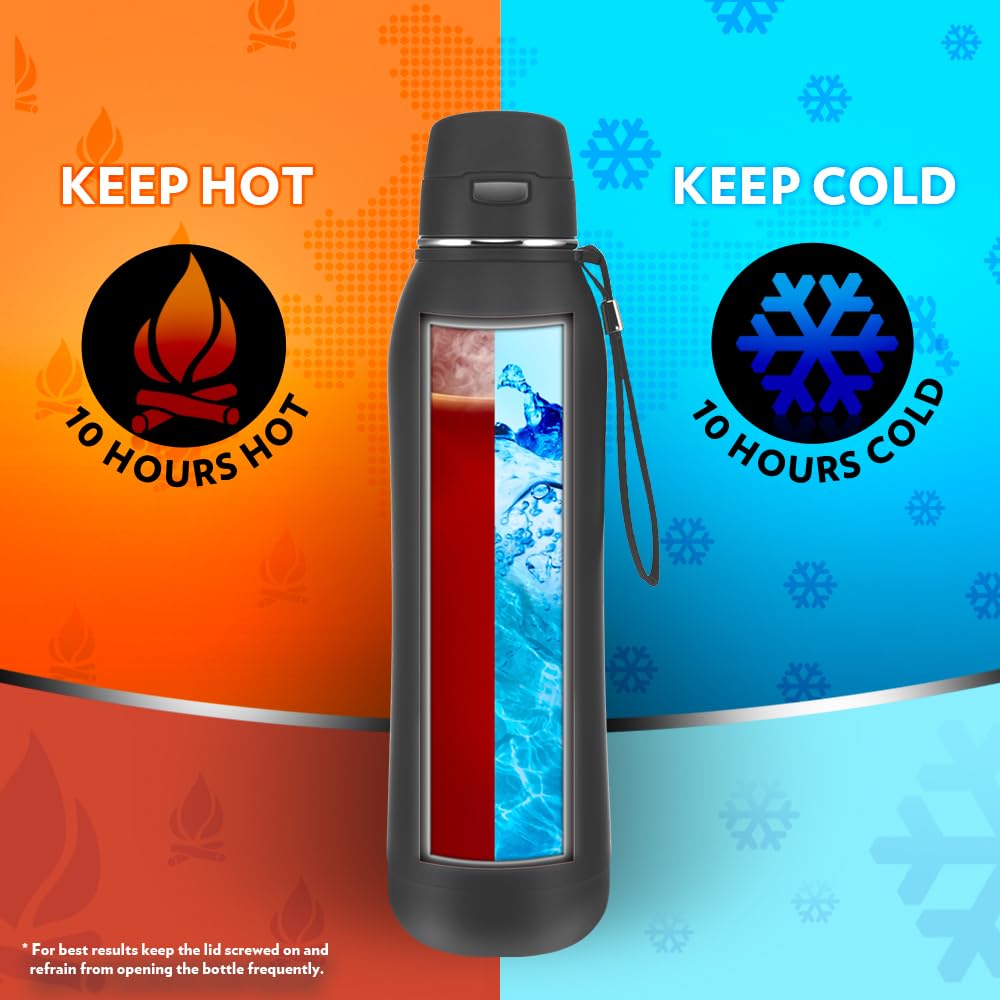 Rivera Black 800ML Hot & Cold Stainless Steel Bottle | Press-to-Open Lid, Double Wall Vacuum Insulated | BT800BK129