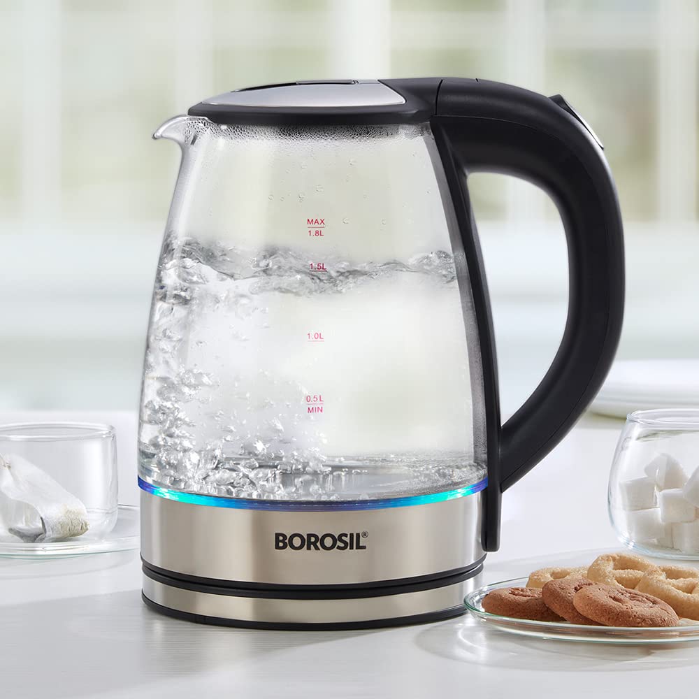 Electric Glass Kettle, Borosilicate Glass, Extra Long Cord, Dry-boil Protection, 360° Rotating Base, 1.8 L, Transparent