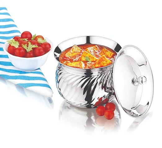 Roll over image to zoom in   VIDEO Mukti Stainless Steel Food Storage Handis & Cooking Pots|Curry Pots, Gravy, Rice Patilas, Biryani Kadhai & Topes|Mudhiras Belly Pot S-Cross with Lid|800ml x 1pc