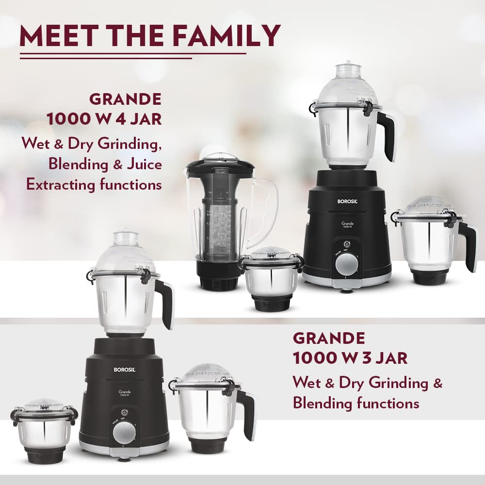 Grande 1000 W Mixer Grinder, With Double Ball Bearings, 4 Jars (3 SS Jars (1.5 L Blending Jar, 1.2 L Dry/Wet Grinder, 400 ml Chutney Jar) & 1 PC Jar with Fruit Filter) Mixie For Kitchen