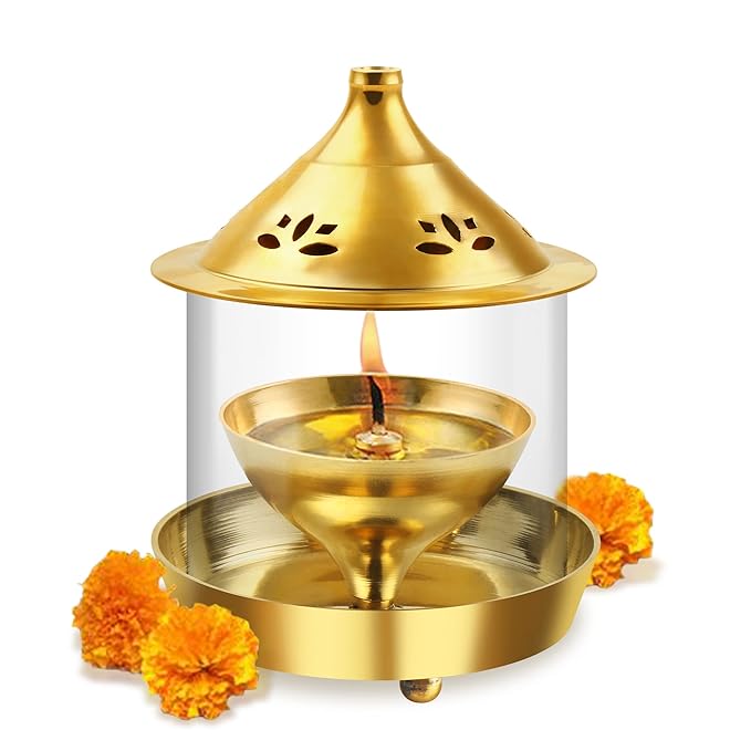 Treo Shubham Brass Diya with Borosilicate Glass Cover, Large