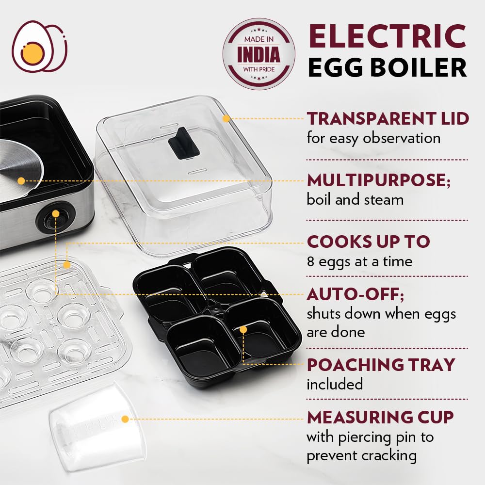 Electric Plus Egg Boiler, Boil Upto 8 Eggs At A Time, For Hard, Soft, Medium Boiled Eggs, Steamed Vegetables, Transparent Lid, Stainless Steel Exterior