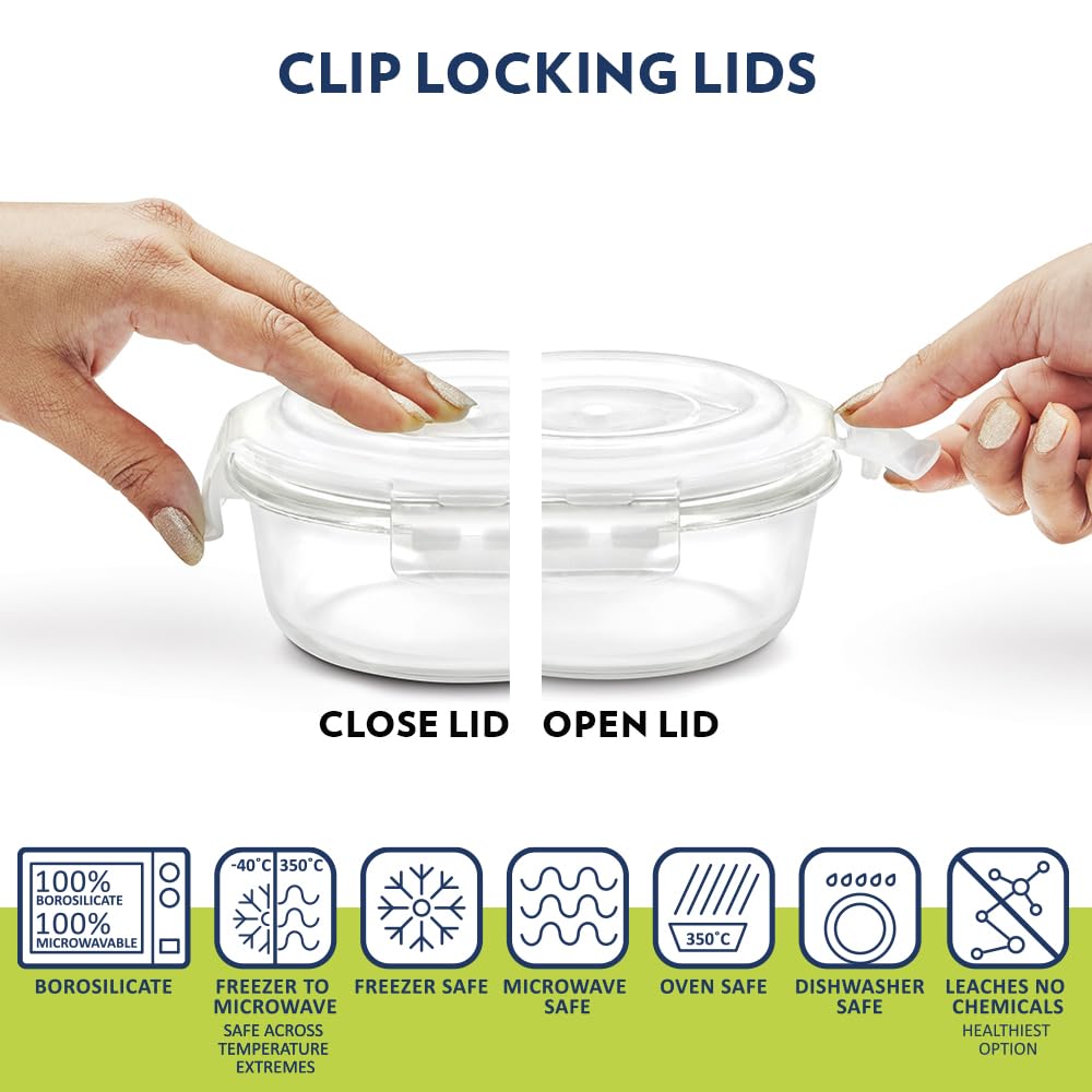 Borosil Klip n Store Lunchbox with Bag | Set of 2 (400ml Each) | Borosilicate Glass, Round, Horizontal | Microwave & Dishwasher Safe, Leakproof | Tiffin for Office, School, College | Blue, Transparent