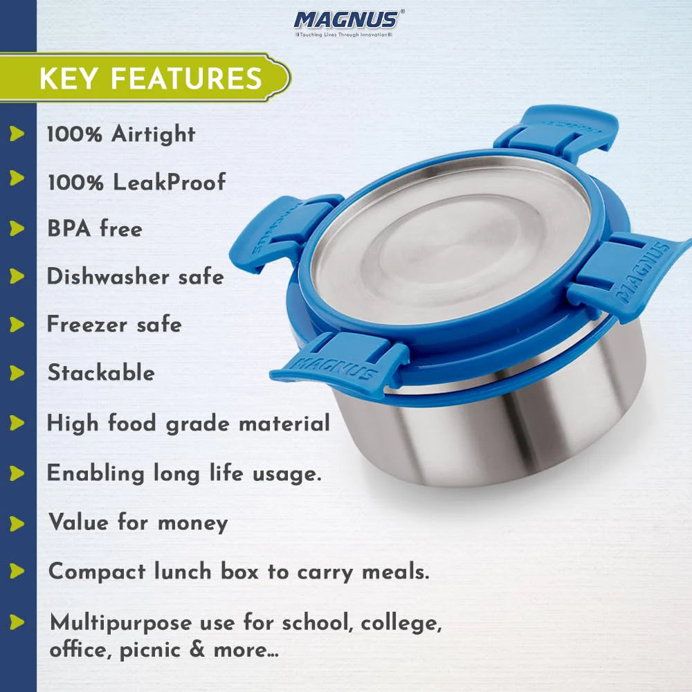 Aura 4 Deluxe Stainless Steel Lunch Box for Kids | Airtight, Leakproof, Insulated | Ideal Lunch Boxes for Office Men & Women | Hot Meals | Convenient Carrying Pouch (Blue)