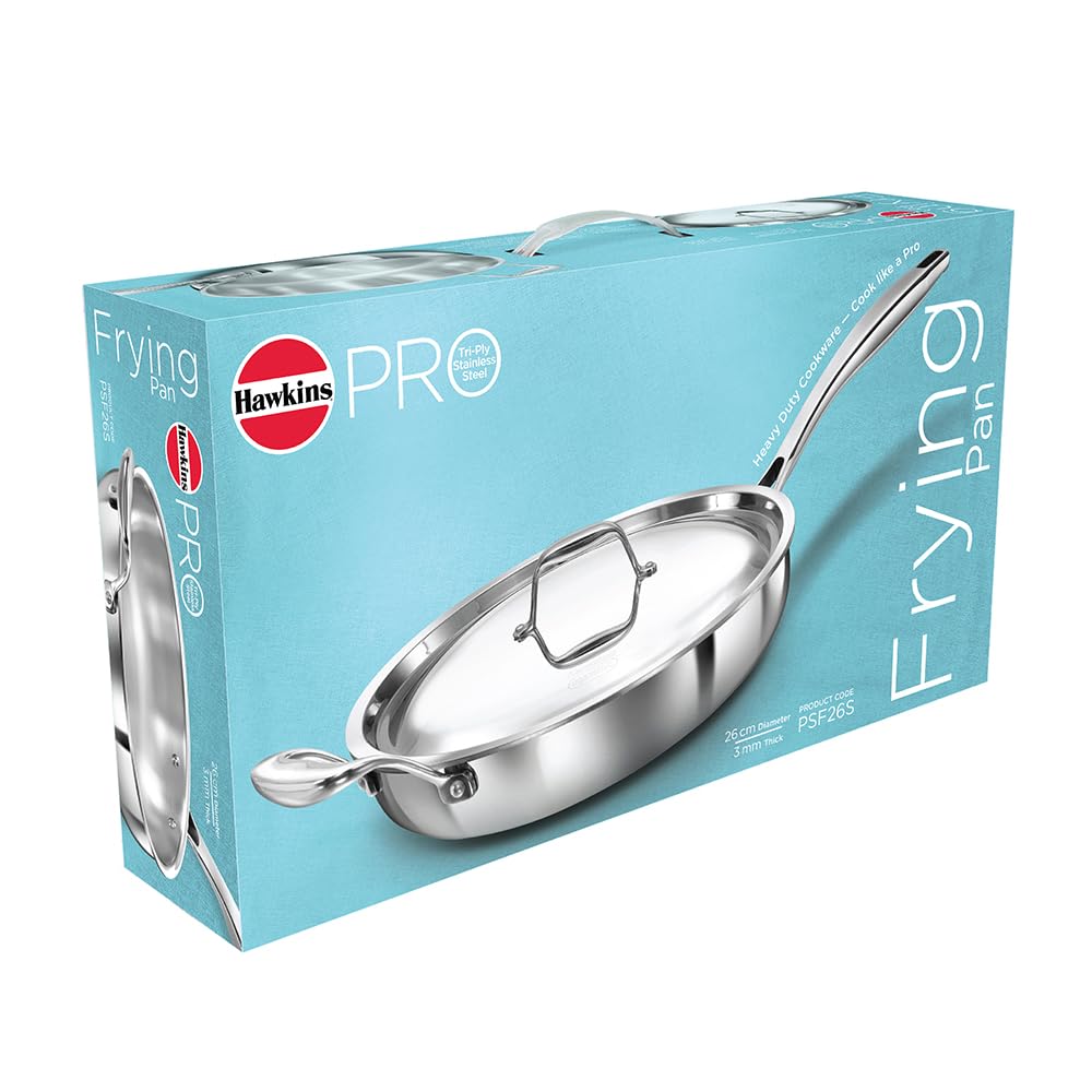 Hawkins Pro 26 cm Frying Pan, Triply Stainless Steel Fry Pan with Stainless Steel Handle and Stainless Steel Lid, Silver (PSF26S)