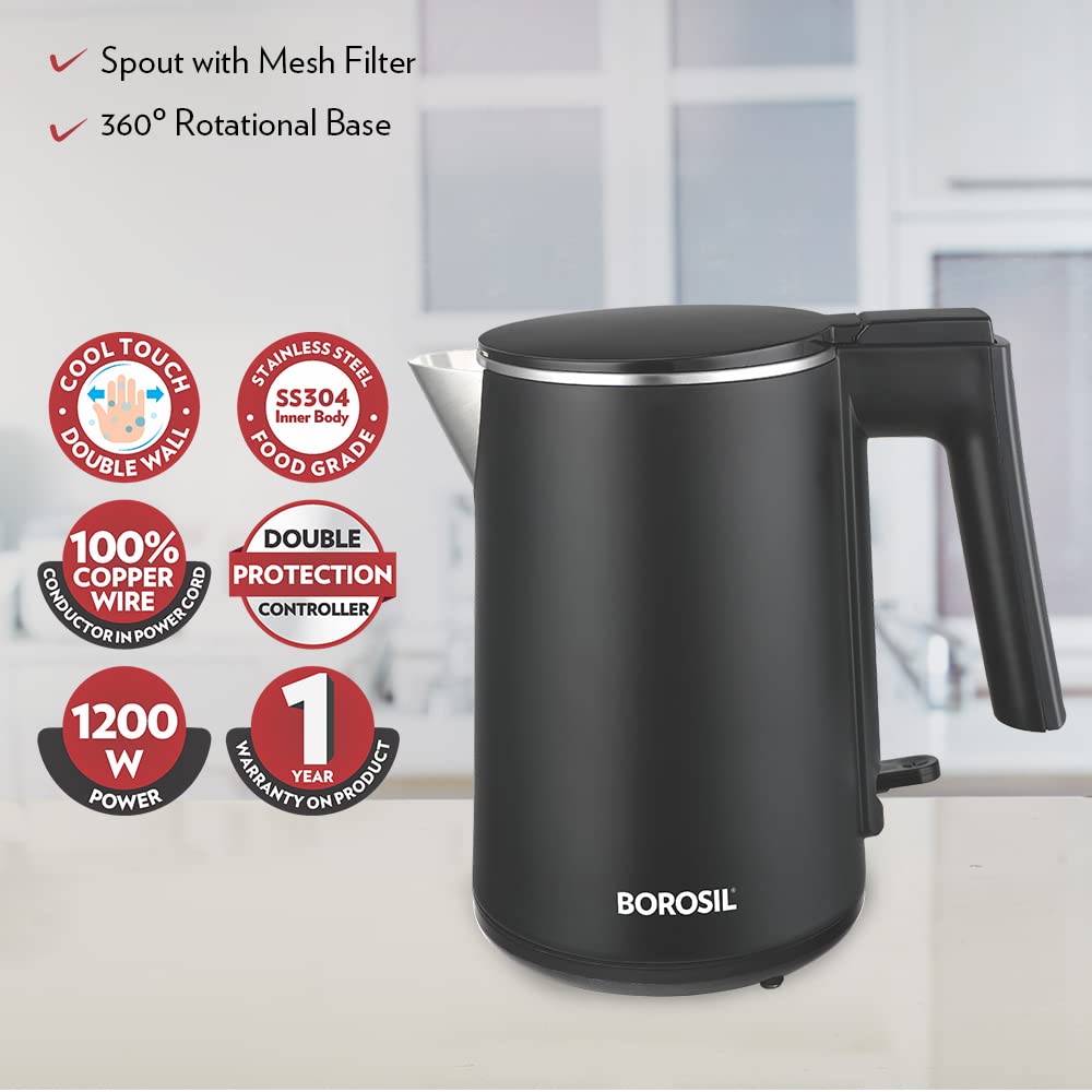 Cooltouch Electric Kettle, Stainless Steel Inner Body, Boil Water For Tea, Coffee, Soup, 1 L, Silver