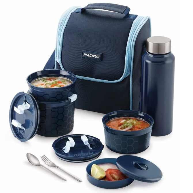 NEO 5 Lunch Tiffin with 3 Microwave Safe Steel Containers, Plastic Chutney Dabba, Steel Bottle, Spoon & Fork, Insulated Jacket - Ideal Lunch Box for Kids & Lunch Boxes for Office Men, Blue