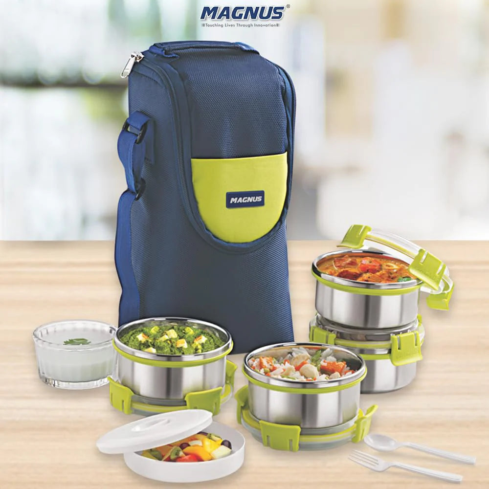 Aura 4-Piece Stainless Steel Lunch Box Set with Tiffin Bags, Utensils & Pouch | Airtight, Leakproof Containers for Office Men, Women, Kids | Insulated Covers, BPA-Free Lunch Boxes for Kids