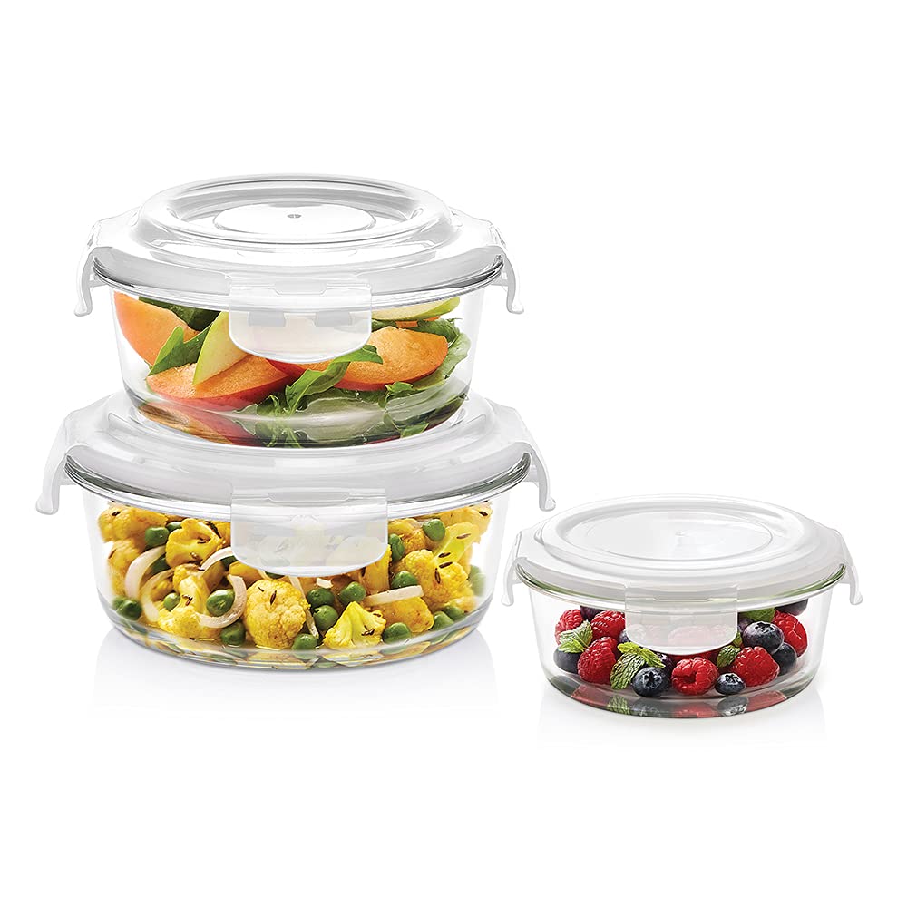 Borosil Klip-N-Store Set of 3 Microwave & Oven Safe Gift Set, Glass Storage Container, 400ml, 620ml & 950ml Round, with Air Tight Lid (Transparent)