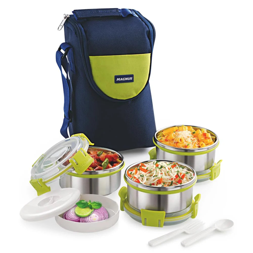 Aura 3 Stainless Steel Lunch Box Set - 3pcs with Tiffin Bags | Durable Lunch Box for Kids and Adults | Ideal Lunch Boxes for Office Men and Women | Perfect for School and Work