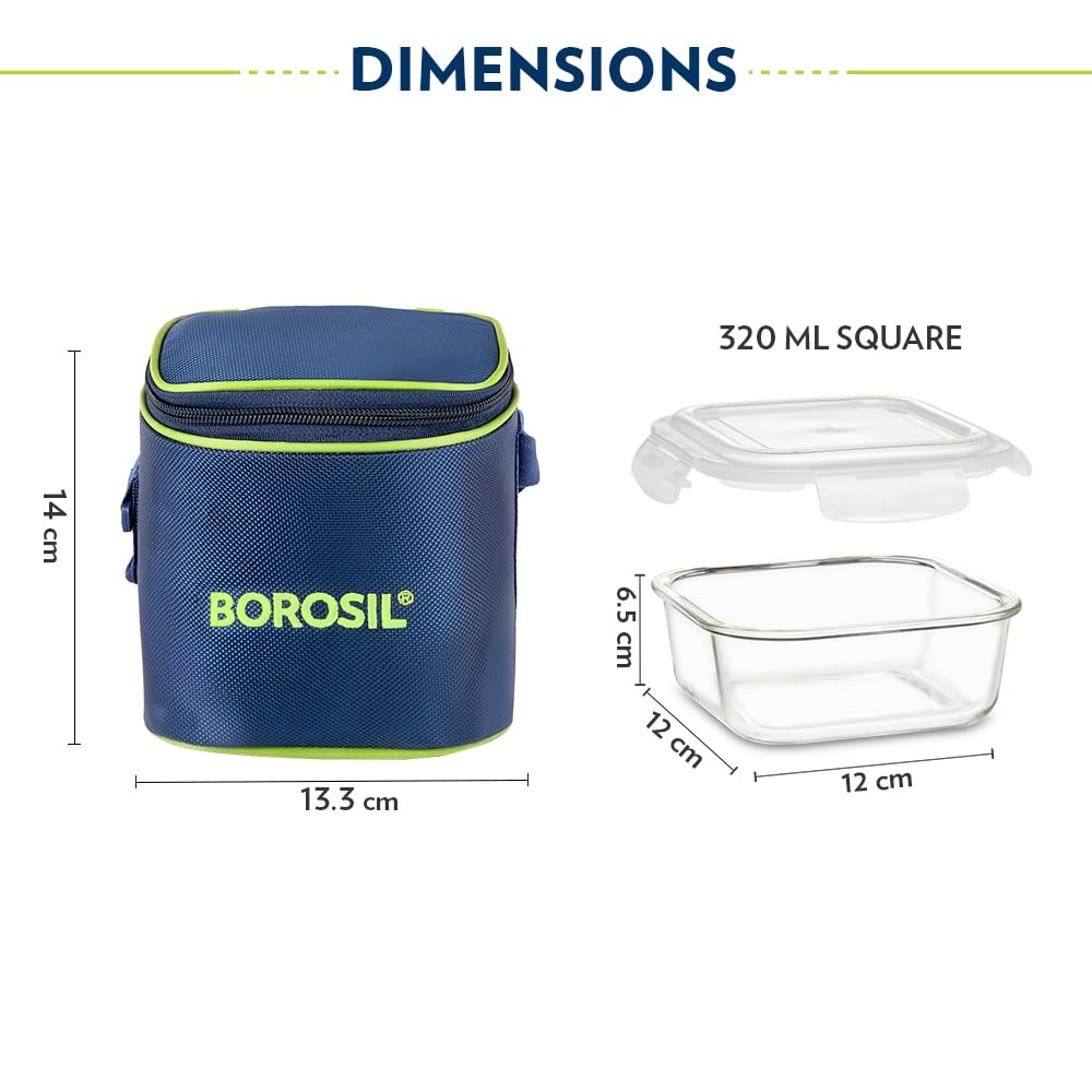 Borosil Klip n Store Lunchbox with Bag | Set of 2 (320ml Each), Square | Borosilicate Glass, Vertical | Microwave & Dishwasher Safe, Leakproof | Tiffin for Office/School/College | Blue, Transparent