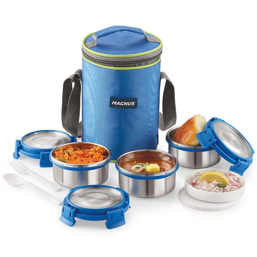 Aura 3 Deluxe Stainless Steel Lunch Box | Airtight & Leakproof Design with Insulated Cover | Ideal Lunch Box for Kids, Office Men & Women | Premium Tiffin Container (Blue)