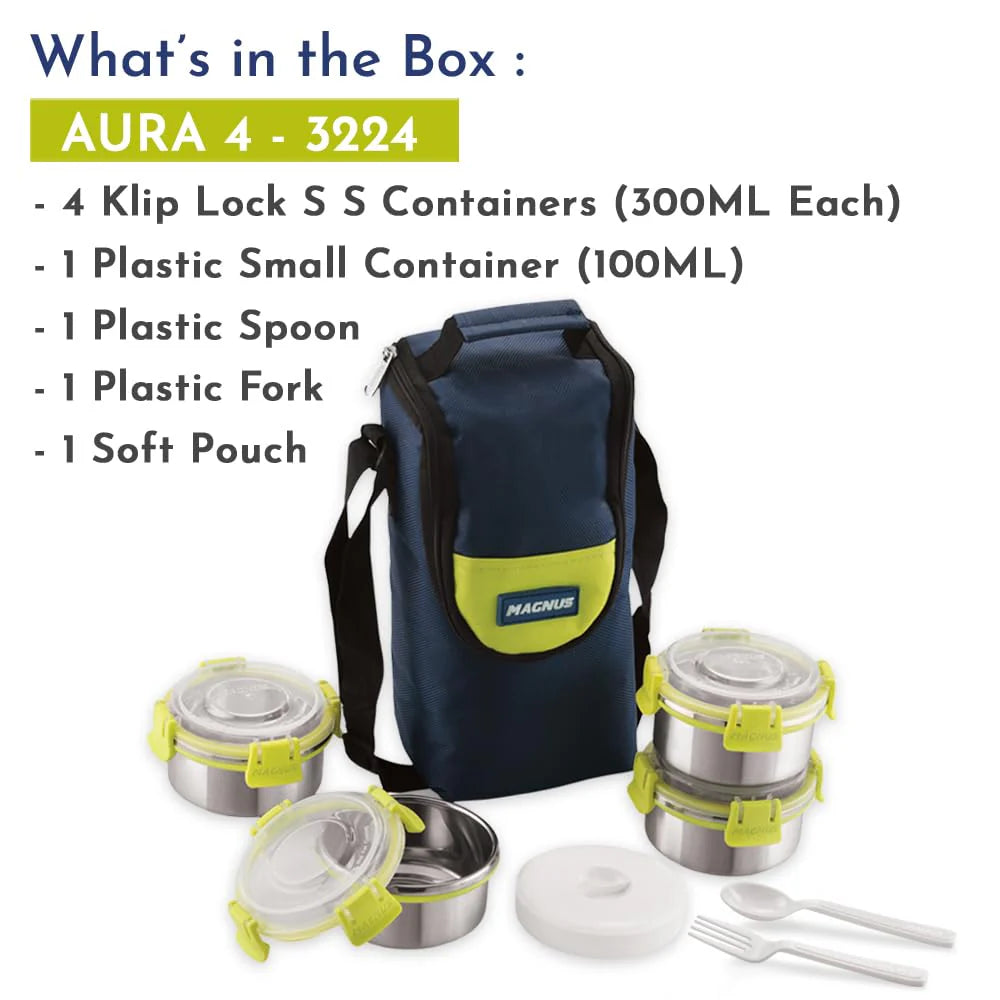 Aura 4-Piece Stainless Steel Lunch Box Set with Tiffin Bags, Utensils & Pouch | Airtight, Leakproof Containers for Office Men, Women, Kids | Insulated Covers, BPA-Free Lunch Boxes for Kids