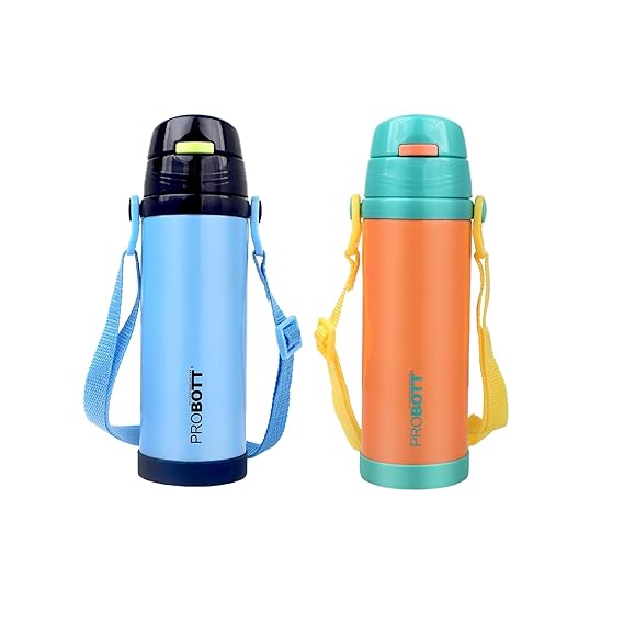 Probott Tom 500ml Kids Vacuum Insulated Flask – Hot & Cold Stainless Steel Sipper Bottle with Straw & Strap, Blue, Leak-Proof & Dishwasher Safe PB 500-51