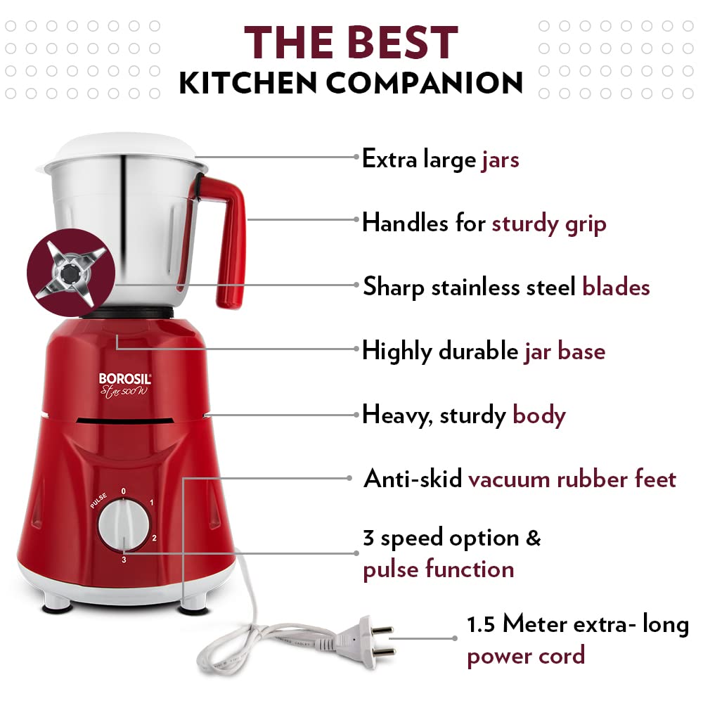 Borosil Star Mixer Grinder - Maroon 500 W, 3 Jars