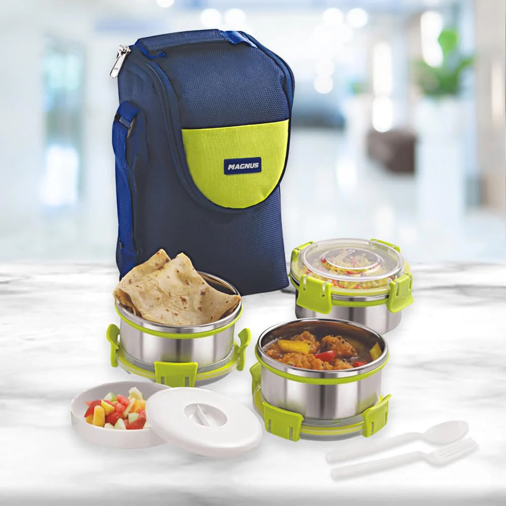 Aura 3 Stainless Steel Lunch Box Set - 3pcs with Tiffin Bags | Durable Lunch Box for Kids and Adults | Ideal Lunch Boxes for Office Men and Women | Perfect for School and Work