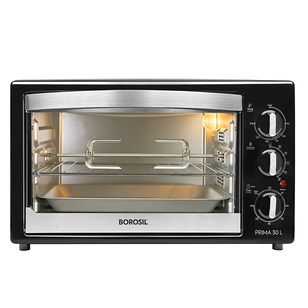 Borosil Prima 30 L Oven Toaster & Grill, Motorised Rotisserie & Convection Heating, 6 Heating Modes, Chrome Grey