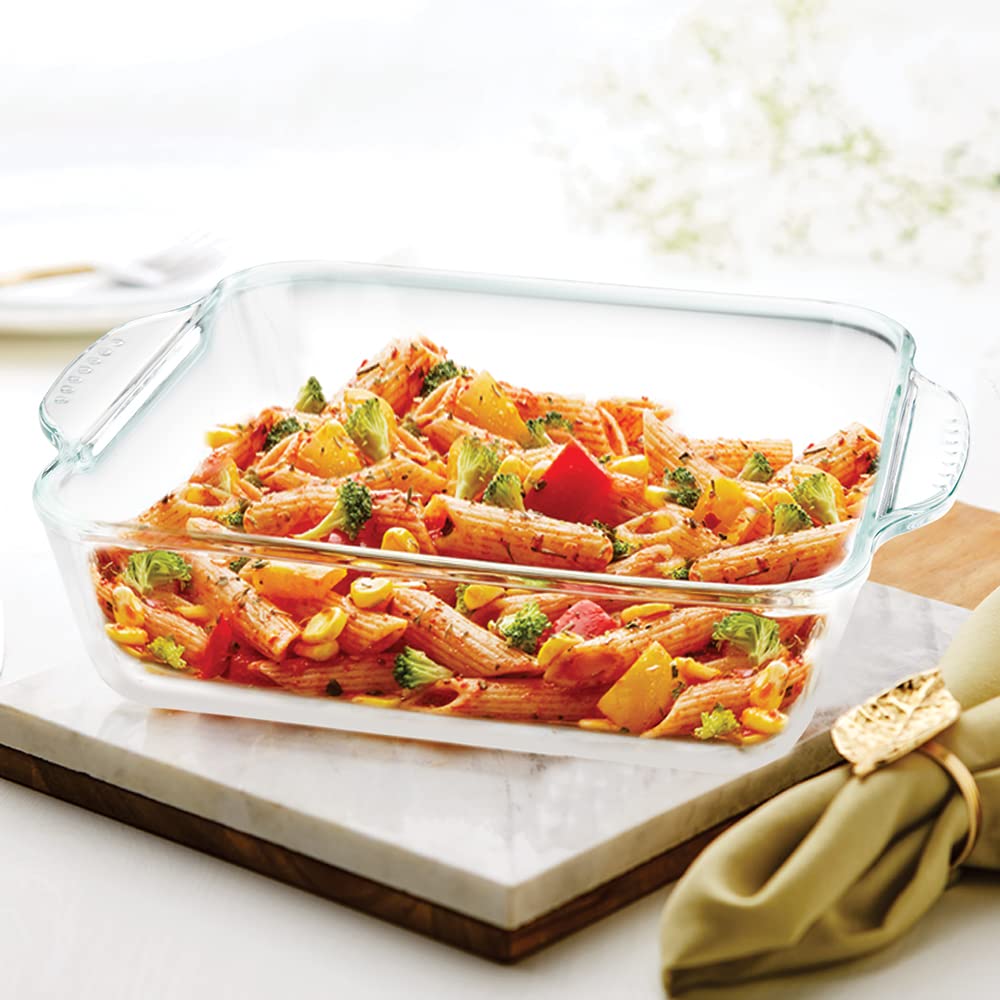 Smartgrip Square Glass Baking Dish Casserole With Handle, Borosilicate Glass, Microwave & Oven Safe, For Serving & Baking, 2 Liter,Transparent