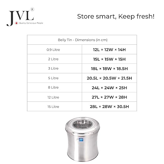 JVL Classicware Stainless Steel Belly-Shaped Storage Tin, Matte Finish Container with See-Through Lid, Food-Grade, Durable & Elegant, Ideal for Kitchen Essentials, Snacks & Grains (1 Pc) (0.9L)