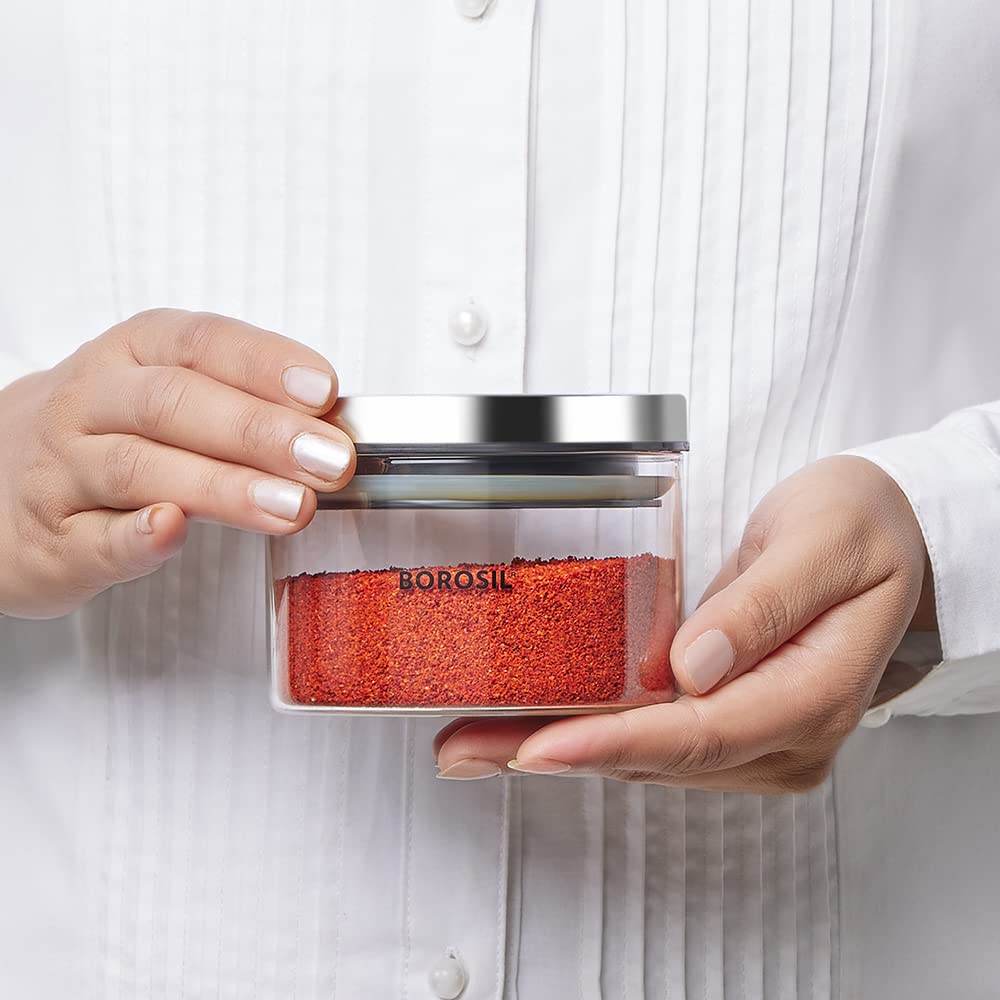 Borosil Classic Glass Jar, Air-Tight Storage Containers For Kitchen, Glass Storage Organiser For Spices, Snacks, Grains, Dals, 300ml, Clear