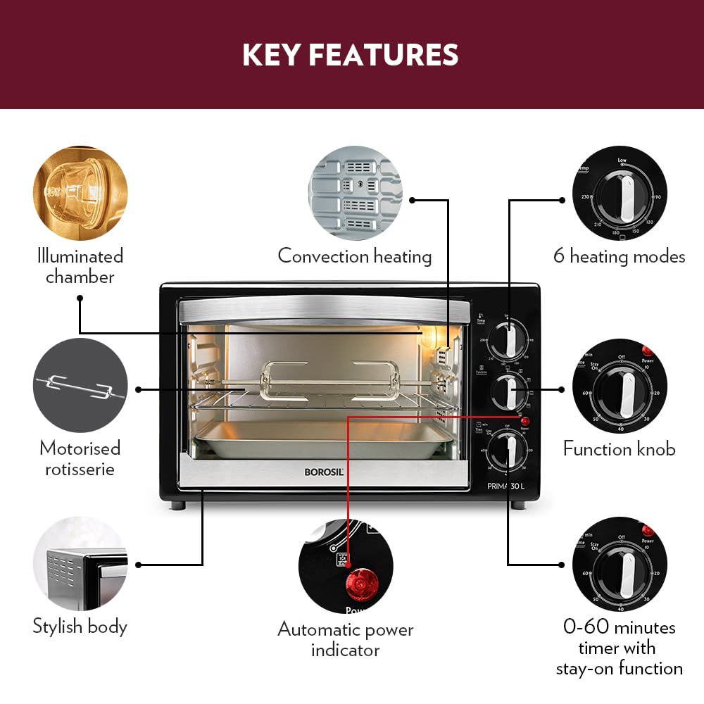 Borosil Prima 30 L Oven Toaster & Grill, Motorised Rotisserie & Convection Heating, 6 Heating Modes, Chrome Grey