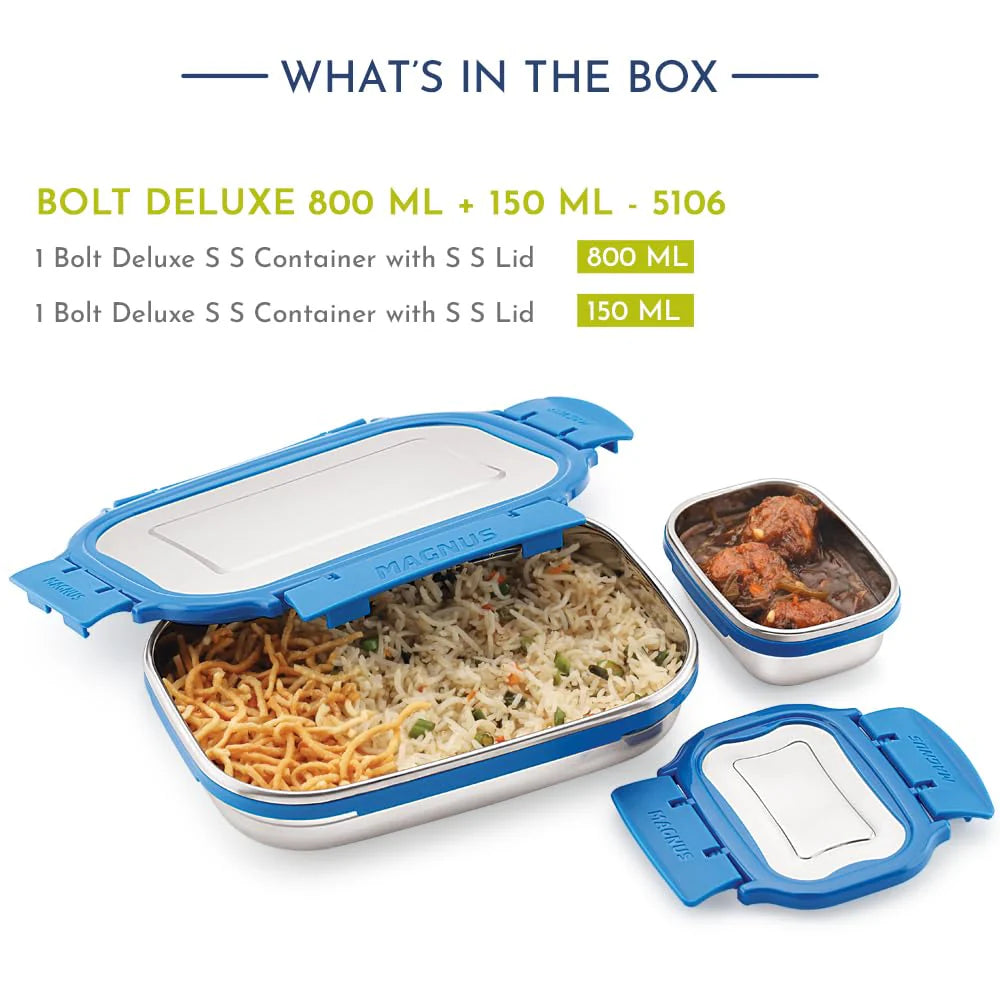 Bolt Deluxe Stainless Steel Lunch Box – Airtight & Leak Proof Tiffin (800 ml & 150 ml) – Ideal for School, Office, and Picnic (Blue)