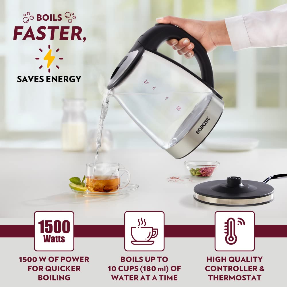 Electric Glass Kettle, Borosilicate Glass, Extra Long Cord, Dry-boil Protection, 360° Rotating Base, 1.8 L, Transparent