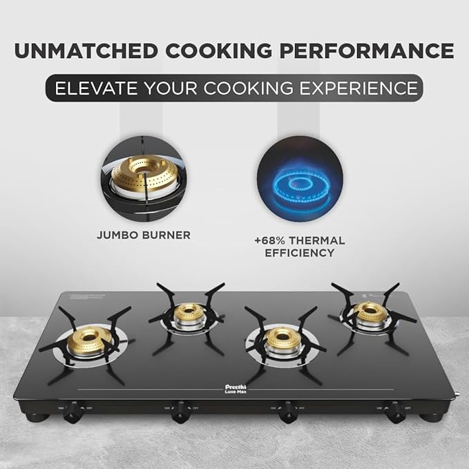 Luxe Max 4 Burner Glass Top Gas Stove With Driptray Less Infinity Design, With Jumbo Burner