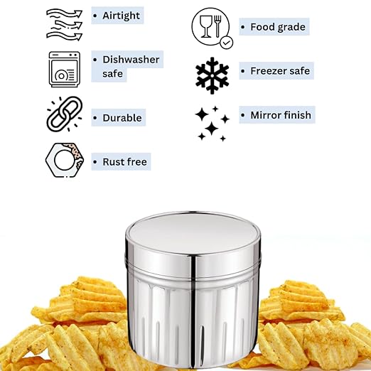 Mukti Stainless Steel Food Storage Jars & Containers|Snacks Dabba|Nasta Box Crystaline Plain Lid|900ml x 1pc