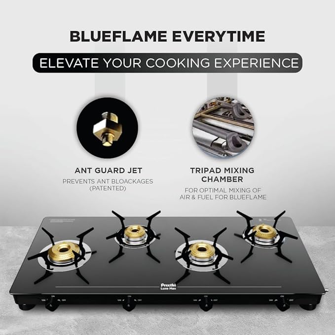Luxe Max 4 Burner Glass Top Gas Stove With Driptray Less Infinity Design, With Jumbo Burner