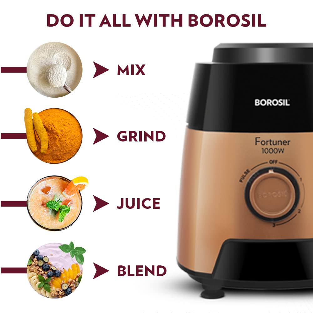 Borosil Fortuner Mixer Grinder Blender Juicer, Copper Motor, For Wet/Dry Mixing & Grinding, Blending Smoothies & Juicing Fruits 1000 Watts, 4 Jars