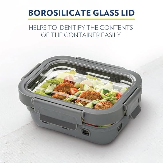 Borosil Klip N Store Plus 640 ml Rectangle Glass Food Storage Container with Air Tight Glass Lid | Borosilicate Glass Container for Lunchbox | Microwave & Dishwasher Safe | Transparent