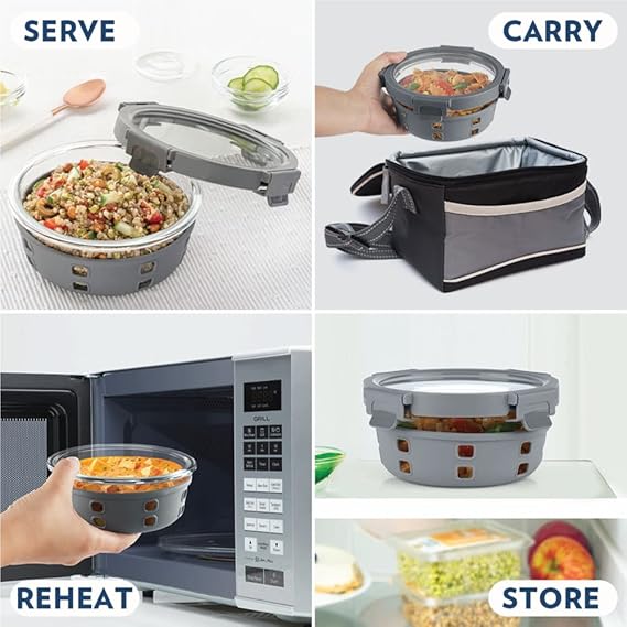 Borosil Klip N Store Plus 400 ml Round Glass Food Storage Container with Air Tight Glass Lid | Borosilicate Glass Container for Lunchbox | Microwave & Dishwasher Safe | Transparent