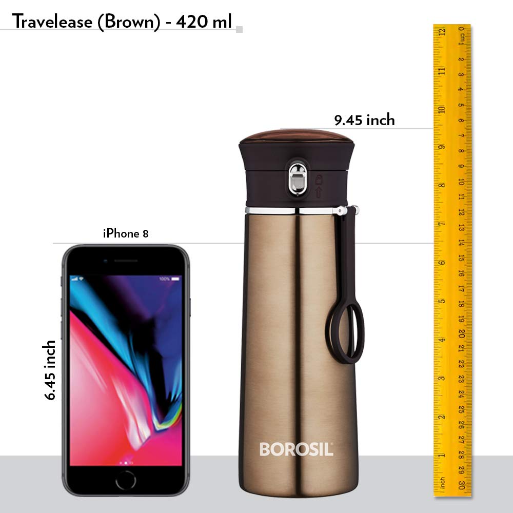 Travelease Brown Stainless Steel Hot & Cold Bottle – 420 mL (8T4208N101) | Leak-Proof Sipper Bottle for Travel & Daily Use