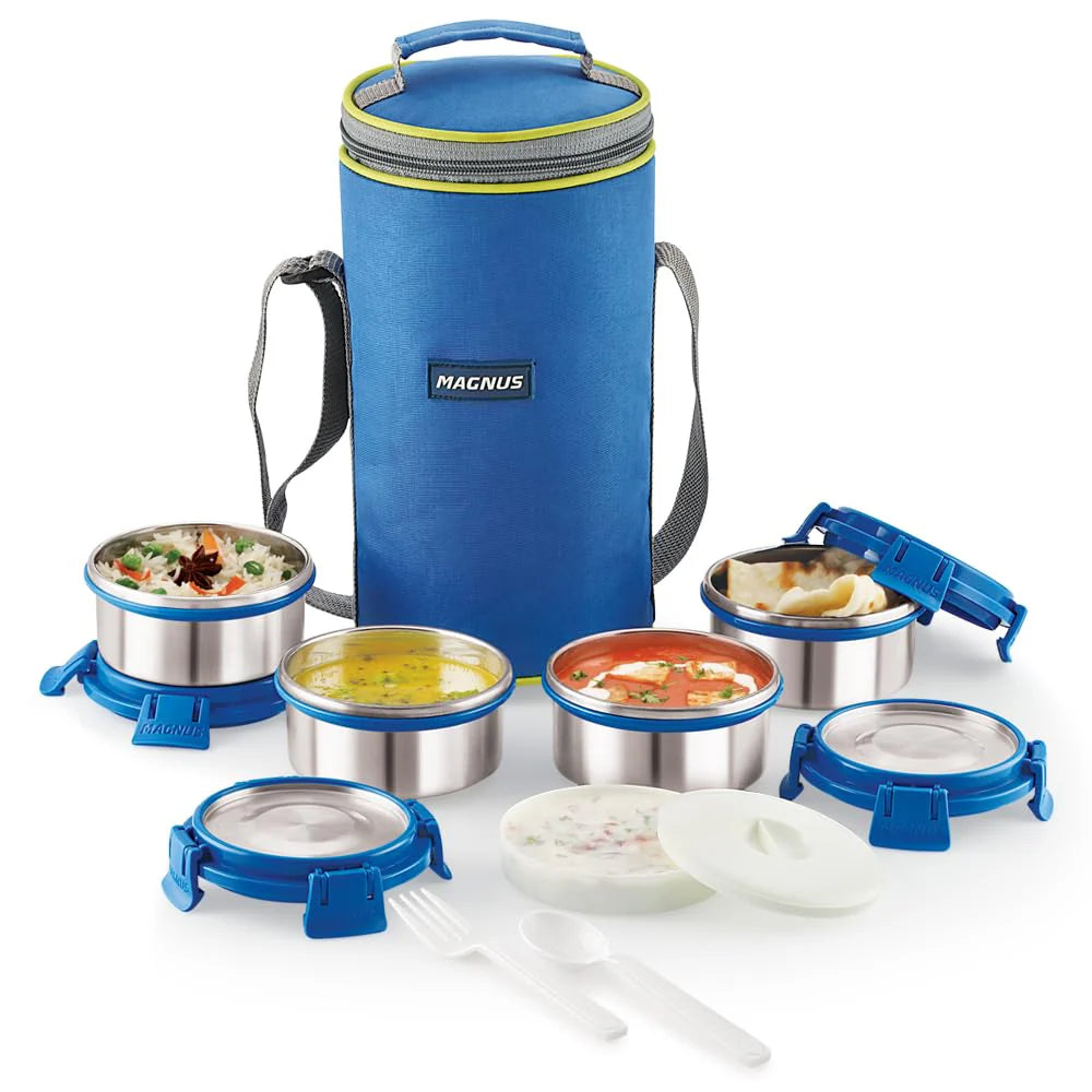 Aura 4 Deluxe Stainless Steel Lunch Box for Kids | Airtight, Leakproof, Insulated | Ideal Lunch Boxes for Office Men & Women | Hot Meals | Convenient Carrying Pouch (Blue)