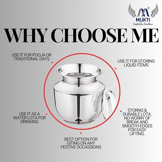 Mukti Lota, Kalash, Stainless Steel Silver Classic Finish, Ideal for Home & Kitchen (Shrifal Lota with Cover, 1000 ML)