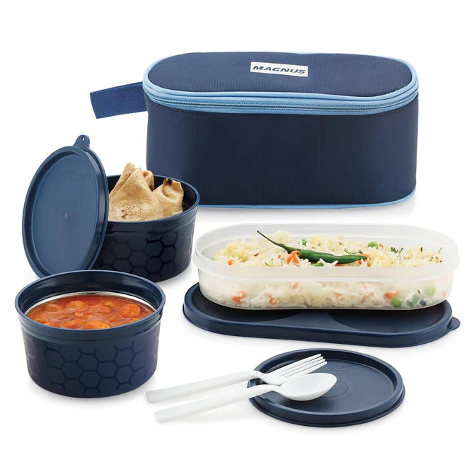 Feast 3 Microwave Safe Stainless Steel Lunch Box for Kids | Leakproof Tiffin with Insulated Cover | BPA-Free Containers | Lunch Boxes for Office Men Women | Hot Food Safe | Blue