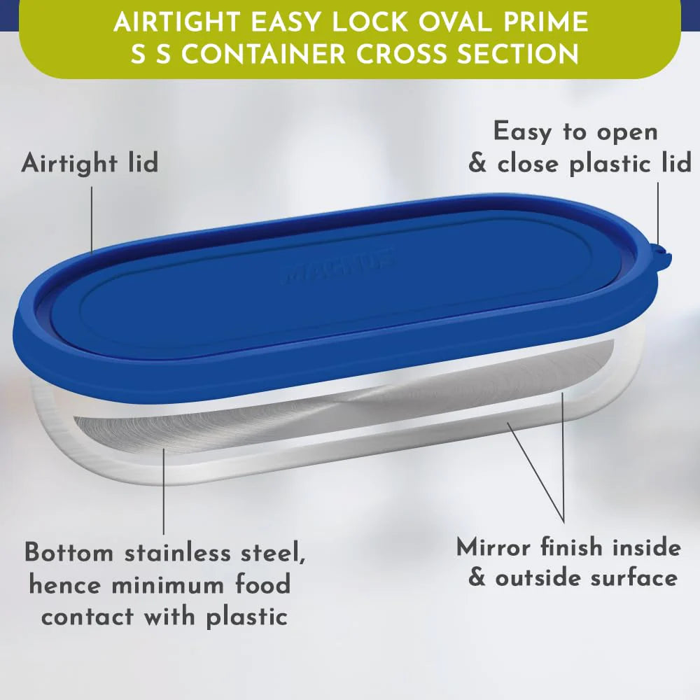 Easy Lock Oval Prime Stainless Steel Container – Airtight & Leakproof Lid for School, Office, Picnic | Ideal for Men, Women & Kids (Royal Blue, 450ml)