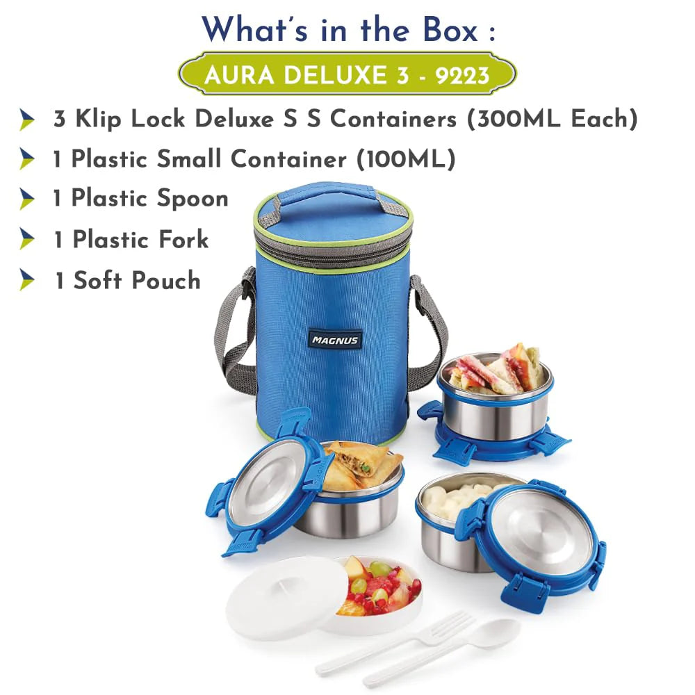 Aura 3 Deluxe Stainless Steel Lunch Box | Airtight & Leakproof Design with Insulated Cover | Ideal Lunch Box for Kids, Office Men & Women | Premium Tiffin Container (Blue)