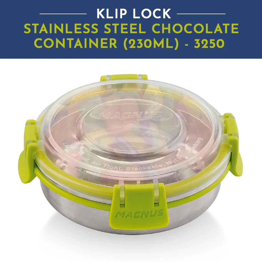 Klip Lock Stainless Steel Airtight Leakproof Storage Container 230ML – Premium Chocolate Container, Ideal Lunch Box for Office Men, Women & Kids