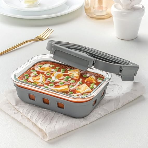 Borosil Klip N Store Plus 640 ml Rectangle Glass Food Storage Container with Air Tight Glass Lid | Borosilicate Glass Container for Lunchbox | Microwave & Dishwasher Safe | Transparent