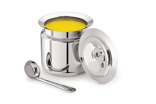 Mukti Stainless Steel Food Storage Jars & Containers|Ghee, Oil, Pickle Pot|Serving & Storing|Vintage Ghee Pot with Spoon & Lid|350ml x 1